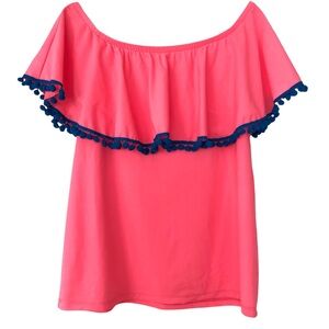 Patti Biggs Ruffled Top UVP 50 in Vibrant Pink Blue Trim